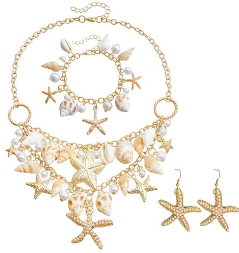 Scinzene Hawaii Outfit Damen Schmuck Set Mit Seestern Kette Armband Ohrringe, Hawaii Outfit Strandparty Zubehör, Tropical Luau Schmuckset Für Sommer Party, Karneval, Festival, Urlaub Look