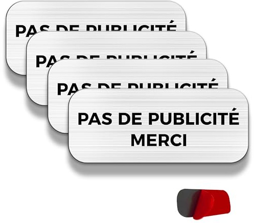 FloraVigo Pas de Publicité Merci 60x25 mm Plaque pour bôite aux Lettres Aluminium brossé Aspect Acier inox auto-adhésif,Interdiction de publicité (4) (PAS DE PUBLICITÉ MERCI)