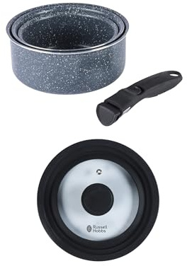 Russell Hobbs Smart Clip 4-Piece Saucepan Set – 16/18/20 cm Cooking Pots with Clip-On Stay Cool Handle, Stackable Design, Easy Storage, Oven Safe, Non-Stick, Universal Glass Lid Included