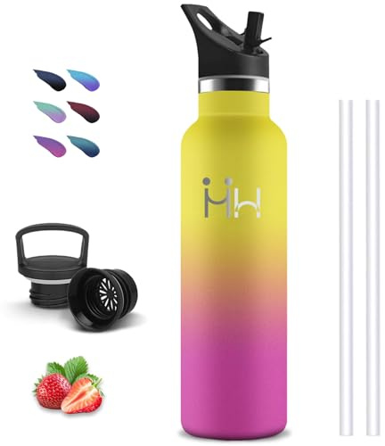 Botella Agua Acero Inoxidable, Botella Termica 1 litro, sin BPA, Botella con Pajita, A Prueba de Fugas, Cantimplora Acero Inoxidable, Doble Aislamiento, Botella de Agua para la Correr, Deportes, Yoga