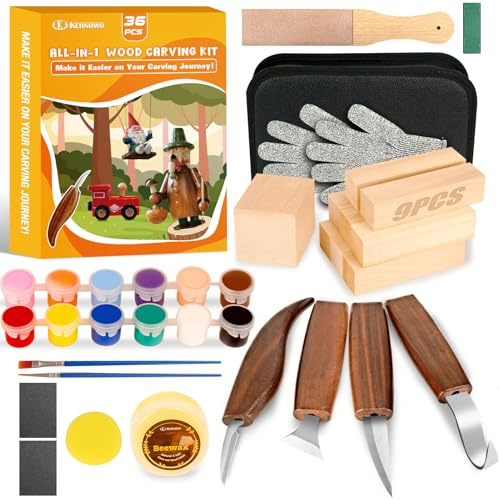 K KERNOWO Woodworking Set, 36Pcs Wood Carving Kit with Basswood Blocks, Paint and Beewax for Beginners and Enthusiasts