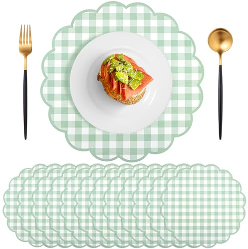 60 Pcs Sage Green Gingham Paper Placemats,13.5 Inch Scalloped Checkered Place Mats Disposable Easter Placemat Decorative Paper for Table Setting BBQ Baby Shower Wedding Bridal Banquet Tea Party