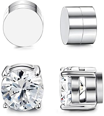 MOTIBACK 2 Pairs Magnetic Earrings for Men Women, Stainless Steel No Piercing Clip On Earrings Silver Round Cubic Zirconia Magnet Earring