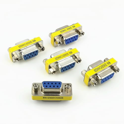 RHINORO Pack of 5, DB9 Gender Changer, 9-Pin Female to Female Metal Adapter Coupler, RS232 Port Connector, Silver/Yellow, Serial equipments