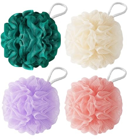 Flintronic 4 Pièces Éponge de Bain, 50g Fleur de Douche Recyclées, Maille Moussante Fleur de Douche Lavable, Fleur de Bain Loofah Unisex, pour Exfolier La Peau Nettoyer La Peau Apaisante