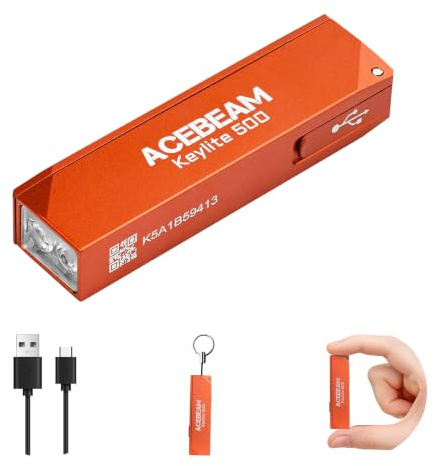 ACEBEAM Keylite 500 Linterna para llavero de alta potencia recargable, linterna EDC ultra-compacta y plana para bolsillo con doble LED, pequeña linterna MINI para hogar y al aire libre(Naranja)