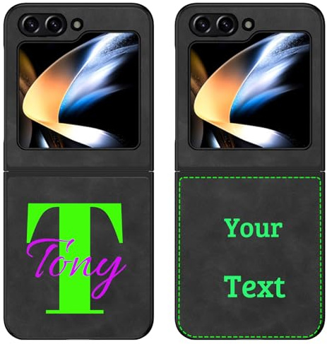 CAXKJE Black Personalised Phone Case for Samsung Galaxy Z Flip 7,Design Your Own Name,Text Phone Case,Premium Leather Cover Case,Personalised Case,Black-J1