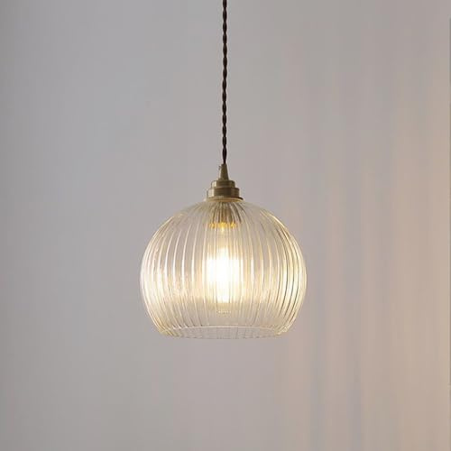 Ribbed Glass Pendant Lights for Kitchen Island, Dome Glass Hanging Lamp Modern Ceiling Suspension Light, Living Room Bedroom Pendant Lighting Fixtures Dining Table Lamps