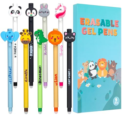 Thboxes Radierbare Gelstifte 9er Set, 0,7 mm, Tiermotiv, Blau | Blaue Radierbare Tinte, 3D-Tierkappen, Flüssiges Schreiben, Schnell Trocknend, für Schule, Büro und Geschenke