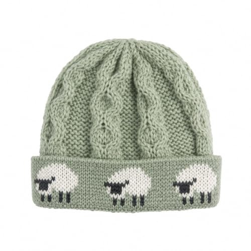 MYSASI Women’s Aran 100 Percent Chunky Wool Hat – One Size, Sheep Design, Hand-Finished British Knit (UK, Alpha, One Size, Sage Green)