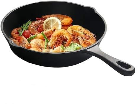HAOHEJIA Cast Iron Frying Pan, 26cm Griddle Skillet for All Hobs, Oven Safe Grilling Cookware for Indoor & Outdoor Use, No Coating, PFOA Free