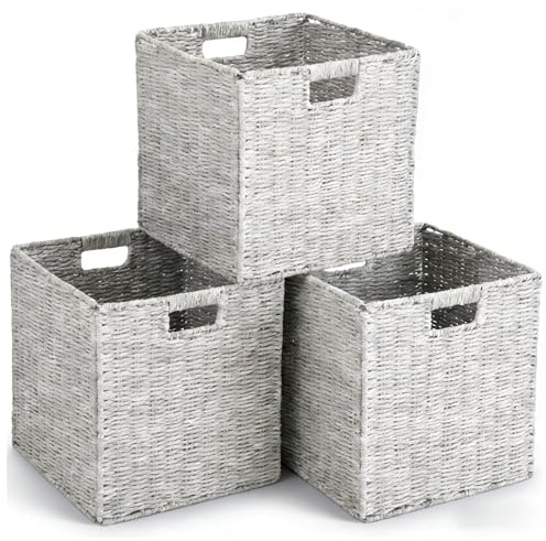 3er-Set Aufbewahrungs Korb geflochten,Aufbewahrungskorb Regalkorb Faltbar,Regalkörbe,Regalbox Storage Box (Grau 28x28x28 cm)