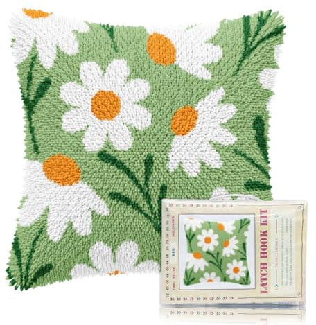 FREEBLOSS 17 x 17 Latch Hook Kits for Adults Beginners Daisy Pre Printed DIY Crochet and Latch Kits Pillow Cover for Home Sofa Decoration, Includes Instructions