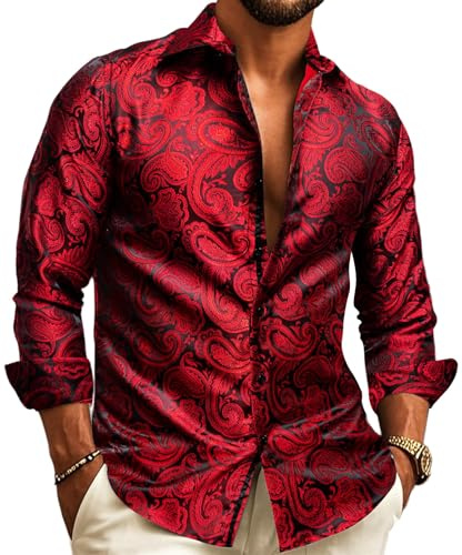 YOHOWA Men's Silk Paisley Long Sleeve Button Down Shirts Disco Mexico Prom | Designer Vintage Floral Jacquard,Luxury Classic 70s,Casual,Business,Button Up Fancy Dress,Lightweight,Untucked,Wedding,Party