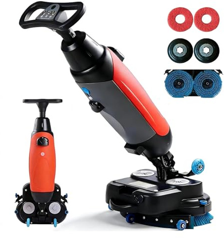 ZyKnaurral Walk Behind Floor Scrubber Dryer,17 Scrub Path, 2x200W Brush Power & 4L+6L Dual Tanks,Coverage 13000 Sqft/H,for Wooden Floors,Tiles,Terrazzo,Marble,Cement Floors Red