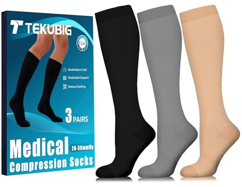 3 Pairs Medical Women Men Compression Socks Knee High 20-30 mmhg Graduated Sheer Thin Flying Lady Nurse Pregnancy Maternity Travel Circulation Varicose Veins Diabetic Pressure Leg Stocking Ted Support