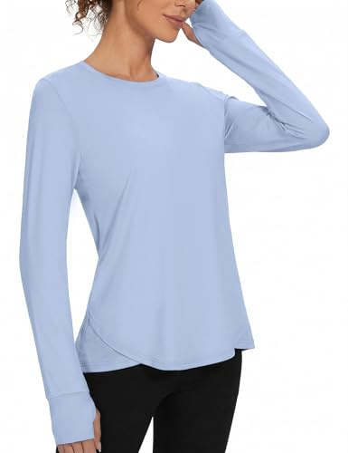 Gyabnw Camiseta Deportiva Mujer Camisetas de Gimnasia Ajuste Holgado Yoga Camiseta para Correr Ligera Que Absorbe la Humedad Cuello Redondo Manga Larga para Damas