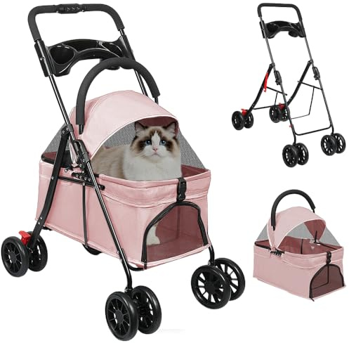 Passeggino per animali staccabile, 97 × 49 × 69 cm, carrello di trasporto per cane gatto, pieghevole in 1 clic, con cestino rimovibile e tenda parasole (rosa)
