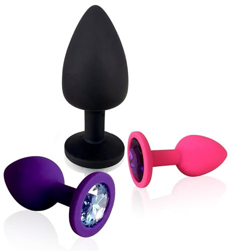 Belmalia 3X Anal-Plug Silicone Set Ø 30 mm, Ø 35 mm, Ø 45 mm S + M + L Butt-Plug Pink + Purple + Black - Erotic Adult Toys