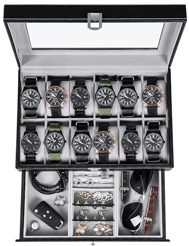 BEWISHOME Uhrenbox für 12 Herren und Damen, Schmuck-Display mit verstellbarer Ablage und Glasplatte, schwarzes PU-Leder, SSH02B