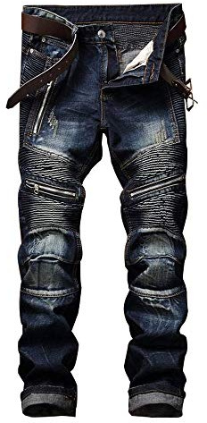 AITITIA Men's Biker Zipper Deco Washed Straight Fit Jeans (32, 001 Dark Blue)