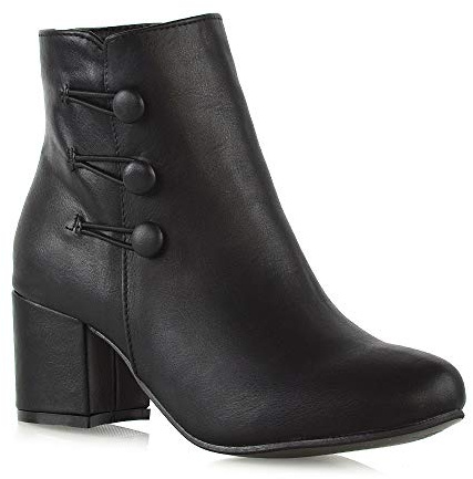 ESSEX GLAM Womens Low Mid Block Heel Ankle Boots Ladies Zip Button Tie Smart Work Office (UK 6 / EU 39 / US 8, Black Synthetic Leather)