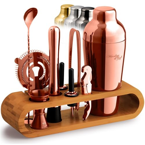 Mixology - Juego de coctelera de 10 Piezas, Kit de Camarero casero en Soporte de bambú con Cuchara, coctelera Boston, Otras Herramientas para Mezclar Bebidas, Martini, cóctel sin Alcohol, Juego de