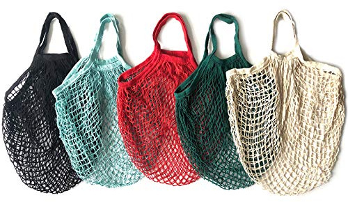 5 Sacs Courses en Maille de Coton, Sac de Courses en Coton de Fourre-Tout Tissé pour Provisions, Lavables et Respectueux de L'environnement, pour Voyages, Camping, Pique-nique, Shopping, Stockage