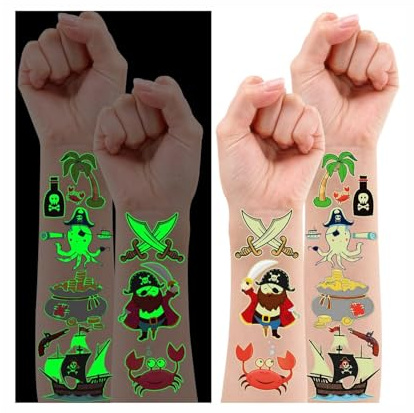 Leesgel Piraten Tattoos Kinder, 38 Stück Leucht Schultüte Jungen Party Deko | Hautfreundlich Wasserfest, Piraten Deko, Kindergeburtstag Mitgebsel, leuchtend, Schultüte Jungen, Party Zubehör