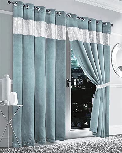 Olivia Rocco Diamante Blackout Eyelet Curtains With Tie Backs Black Out Thermal Ring Top Curtain Pair Window Dressing, 90 (Width) x 90 (Drop) Duck egg