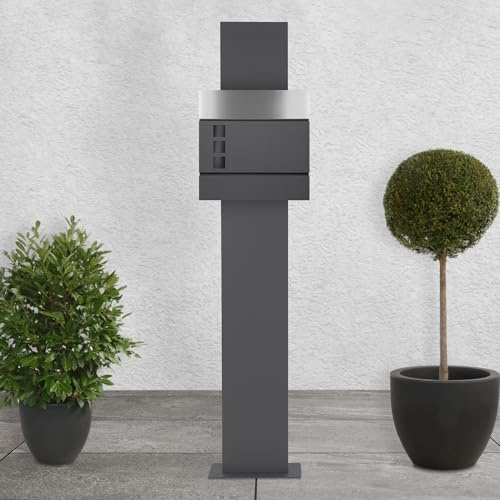 ECD Germany Brevlåda Med Tidningsfack, Brevlådestånd Fristående, Brevlådestånd Antracit 170 Cm, Brevlåda Antracit/silver 37x36,5 Cm, Rostfritt Stål Pulverlackerat/matt Borstat