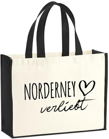 Huuraa Jutetasche Norderney verliebt Geschenk | Großer Shopper 21 Liter Juteshopper Black Tasche aus Jute und Baumwolle Einkaufstasche Geschenkidee Tragetasche mit Motiv