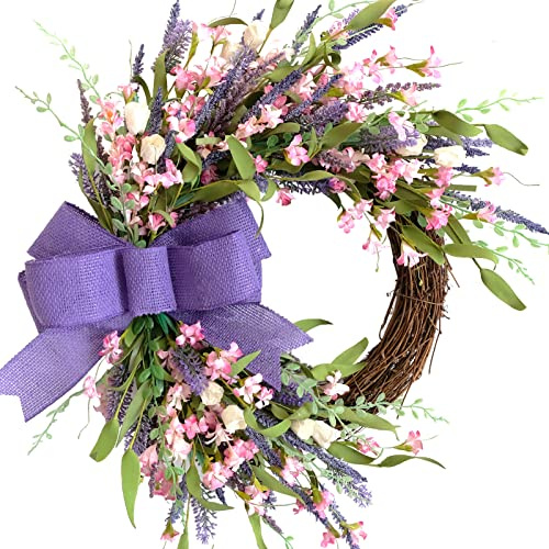Idyllic 18 Inch Spring Wreath for Front Door with Forsythia Lavender Wild Flowers. Rustic and Farmhouse Indoor and Outdoor Artificial Flower Burlap Bow Knot Wreath for Home Decoration