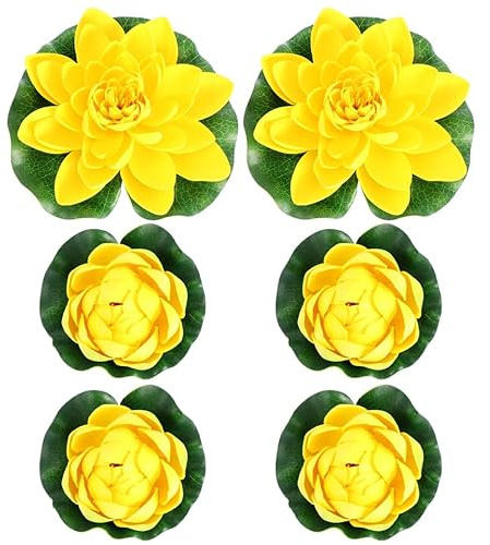 Ipetboom Realistische Lotus Decor - 6 Stücke Künstliche Seerosen in Schwimmende Lotus Blumen für Gelb - Künstliche Seerose Teichpflanzen Kunststoff Lilien für Teichdeko Aquarium Simulation