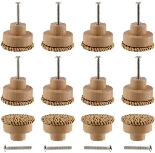 CHEUKYIU 12 Stück 40x30mm Rattan Holz Möbelknöpfe Runde Rattan Schubladengriff Schrankknöpfe mit Schrauben Holzknöpfe Kommode für Schränke, Schubladen, Schrank, Möbel, Schuhkasten
