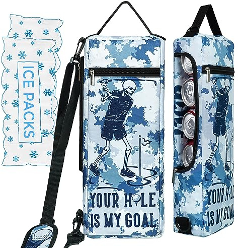 Golf Cooler Bag Plus Ice Pack Soft Sided Insulated Cooler Bag- Holds 6 Pack of Cans or 2 Wine Bottles - Grey Camo Golf Beer Sleeve Black Fits Discreetly in Golf Bags