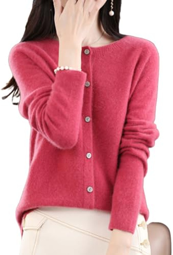 TeysHa Maglione Cardigan in Cashmere da Donna, Maglione Cardigan a Maniche Lunghe Abbottonato Girocollo in Lana (XX-Large,Raspberry Red)