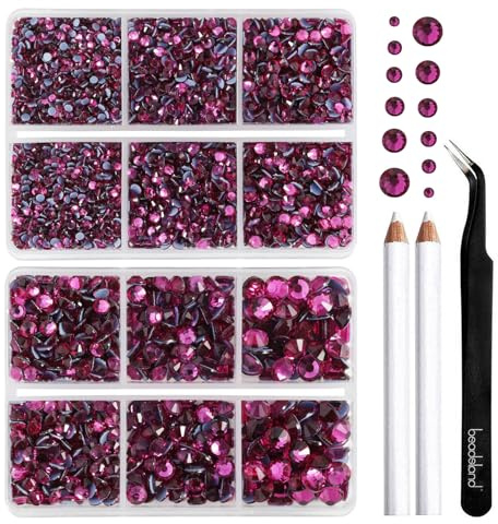 Beadsland Hotfix Strasssteine Set,Fuchsie,6 Größen gemischt,6080 Stk | Fuchsie Strasssteine für Textilien,SS6-SS30,Glasmaterial,für Kleidung,Kunsthandwerk,mit Wachsstift und Pinzette
