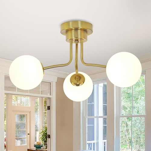 JHLBYL Modern Gold Deckenlampe, 3-Flammig Weiß Globe Glasschirm mit G9 Lampenfassung Halb Bündig Montiert Deckenleuchte, Gold Pendelleuchte für Wohnzimmer, Schlafzimmer, Esszimmer