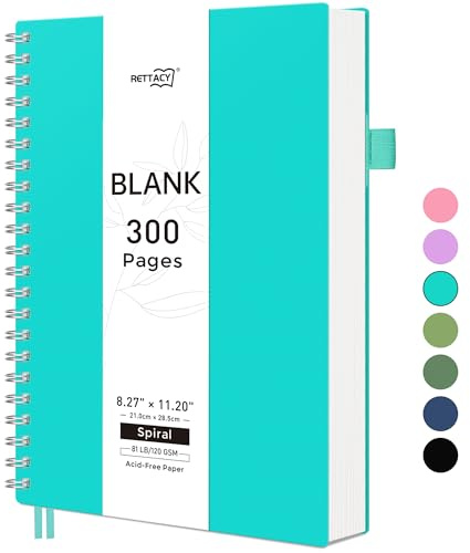 RETTACY Blanko-Notizbuch, A4, blanko, 120 g/m², mit 300 Seiten/150 Blatt zum Zeichnen, flexibler Kunststoffeinband, für Skizzen, Schreiben, Damen, Herren, Schule, 21,5 x 27,9 cm, Türkis