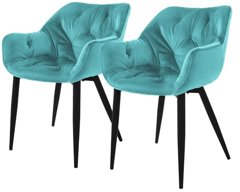 ML-Design matsalsstolar set om 2, petrol, köksstol med tjock sammetsklädd sits, metallben, vardagsrumsstol med ryggstöd och armstöd, quiltad stoppad stol, ergonomisk fåtölj