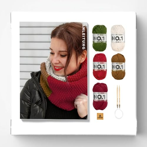 myboshi Strickset Schal New Haven, inkl. No.1 Wolle, Rundstricknadel, Anleitung und Label, Strickpaket für Anfänger, 30% Merinowolle Rot mit Rundstricknadel