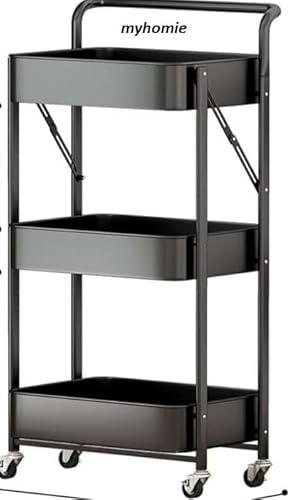 MY HOMIE 3-Tier Foldable Beauty Trolley Cart on Wheels - Heavy Duty Metal Storage Organizer for Salon, Kitchen, Bathroom, Hairdressing, Lash Extensions, Crafts & Home - Wheels, Rust-Proof-Black