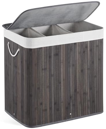 Mondeer Laundry Basket with Lid 150L, 3 Compartments Bamboo Laundry Hamper with Handles Removable Washable Lining, Foldable, for Bedroom Bathroom or Utility Room, 60 x 40 x 61 cm, Light Grey