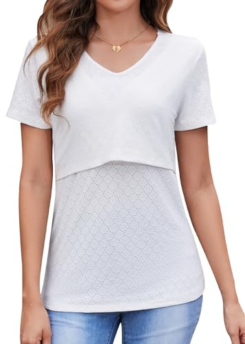 Sosolism Camiseta de Lactancia con Escote en V para Mujer de Manga Corta Transpirable Ideal para Verano para amamantar y extraer Leche Blanco, M