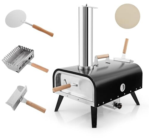 KOMFOTTEU Pizzaofen für Außenbereich, tragbarer Holzofen mit Pizzastein Pizzaschaufel Thermometer, Pizza Ofen aus Edelstahl, Pizza Backofen mit drehbarem Gestell, für Grill Camping