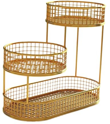 LOVIVER Three Tiered Wire Basket Stand Produce Holder Organizer Fruit Holder Bread Basket Vegetable Rack for Onion Fruit Potato Table, Gold
