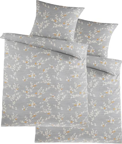 KH-Haushaltshandel 4-Piece Soft Seersucker Bed Linen 2X (135 x 200 cm + 80 x 80 cm), Grey, Branches, Non-Iron (W1491055)