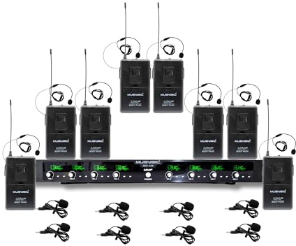 MUSYSIC 8-Channel Professional Wireless UHF Microphone System, 300ft Range Fixed Frequency Bodypack Headset/Lapel Microphones for Singing, Karaoke, Church, DJ (8-Channel- Set 1)