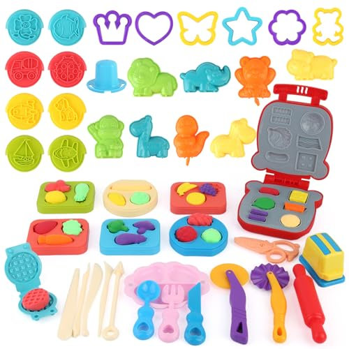 46Pcs Dough Tools and Cutters Set for Kids, Dough Accessories, Playdough Cutters with Dish Knife Fork Spoon, Rolling Pin, Scissors, Hobnailer, Sculpting Tools, Clay Dough Tool Kit Gift for Boys Girls